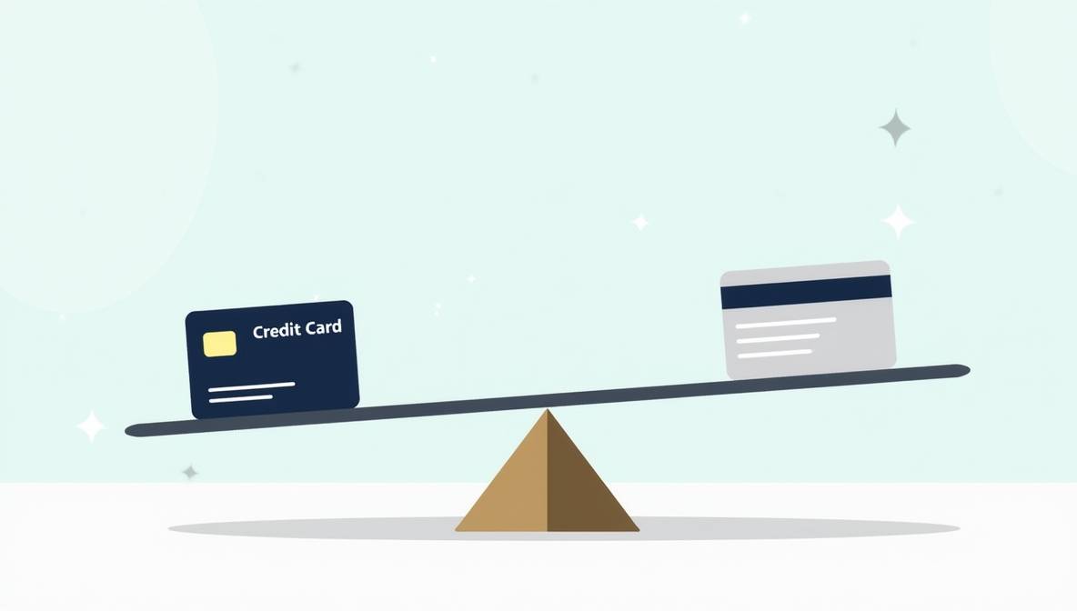 신용카드와 체크카드가 시소(또는 저울)의 양쪽에 올라타 균형을 이루며 &lsquo;황금비율&rsquo;을 표현하는 전략적 소비 컨셉의 일러스트