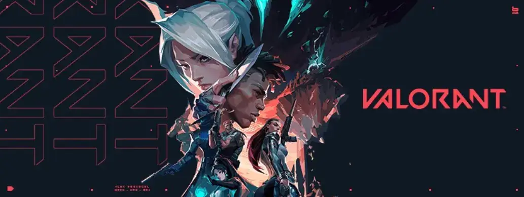 발로란트 공식 일러스트 이미지, 주요 요원 캐릭터들이 전투 자세를 취한 모습과 VALORANT 로고가 함께 표현된 장면