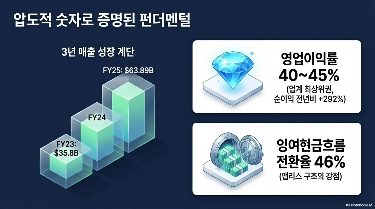브로드컴 주가: 브로드컴의 압도적 펀더멘털을 숫자로 보여주는 인포그래픽. FY23 358억 달러에서 FY25 639억 달러로 이어지는 3년 매출 성장 계단과 영업이익률 40~45%, 잉여현금흐름 전환율 46%를 함께 제시하며, 브로드컴 최근 3년 실적과 재무 분석을 다루는 블로그 내용을 설명함