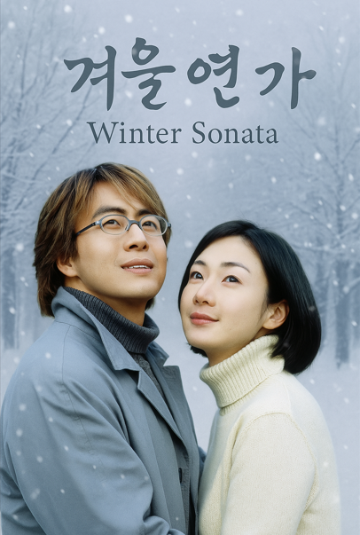 한국 드라마 겨울의 연가 주인공들이 겨울 숲 배경으로 서있다