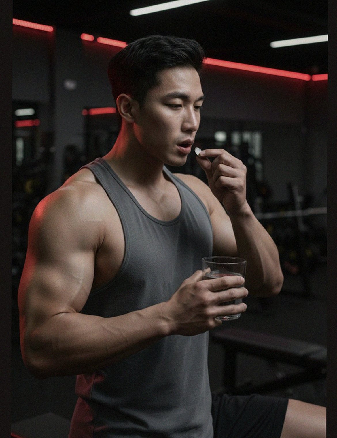 Korean Asian man taking supplement with water at home
