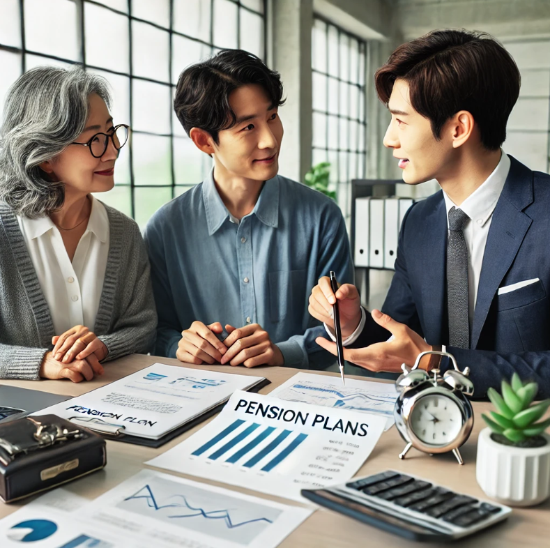 전문가가 부부에게 연금계획에 대해 설명하는 모습