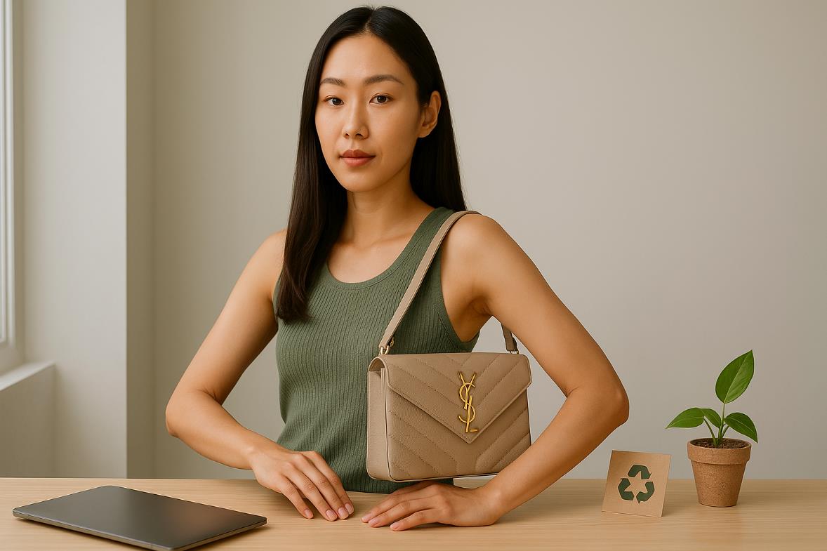 자연광이 드는 스튜디오에서 YSL 패션 아이템을 착용한 모델이 자신감 있게 포즈를 취하는 장면.