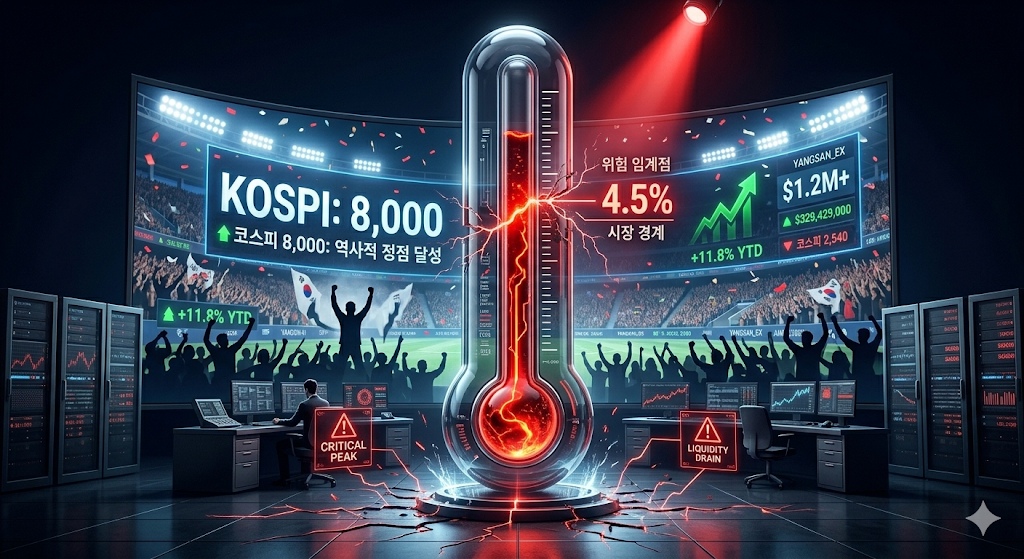 2026년 6월 24일 수요일 아침, 코스피 8,000선 돌파 전광판이 화려하게 빛나며 대중이 환호하고 있지만, 그 중심에서 붉은색 마그마처럼 끓어오르는 '미국 10년물 국채 금리 4.5%'라는 임계점 온도계가 시장 전체를 발발발 떨게 만드는 고밀도 3D 거시경제 쇼크 인포그래픽