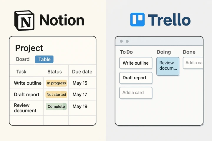 Notion์ ํ
์ด๋ธ ๋ทฐ์ Trello์ ์นธ๋ฐ ๋ณด๋ ๋ทฐ ๋น๊ต