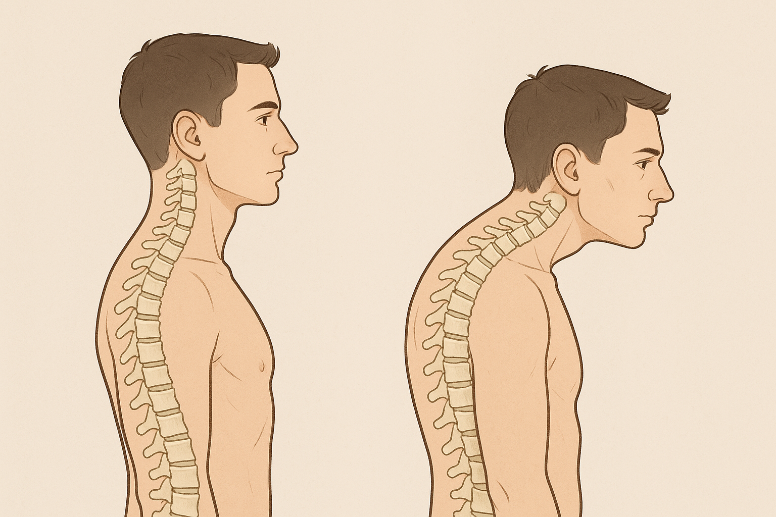 거북목 증후군을 보여주는 목 자세 비교 이미지, 정상적인 목 자세와 거북목 자세의 대비