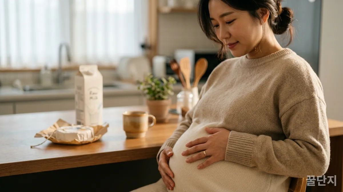 임산부가 배를 만지고 있고, 흐릿하게 비살균 우유와 연성 치즈가 보이는 모습