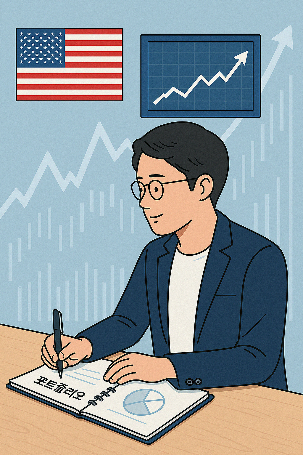"미백남이 투자 다이어리를 쓰며 미국 주식 포트폴리오를 정리하는 모습"