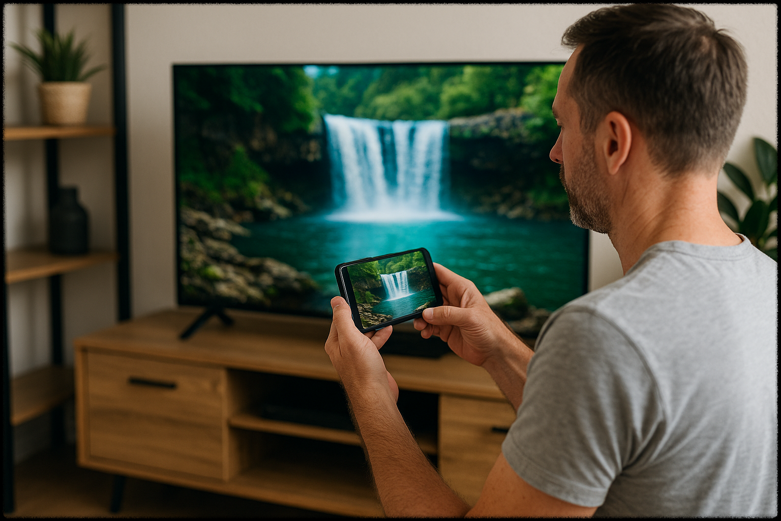 스마트폰 화면을 TV에 공유하는 모습