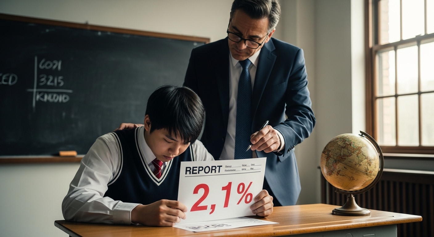 A student (Korean economy) holding a report card with the number 2.1% written largely, and a teacher (OECD) grading it.