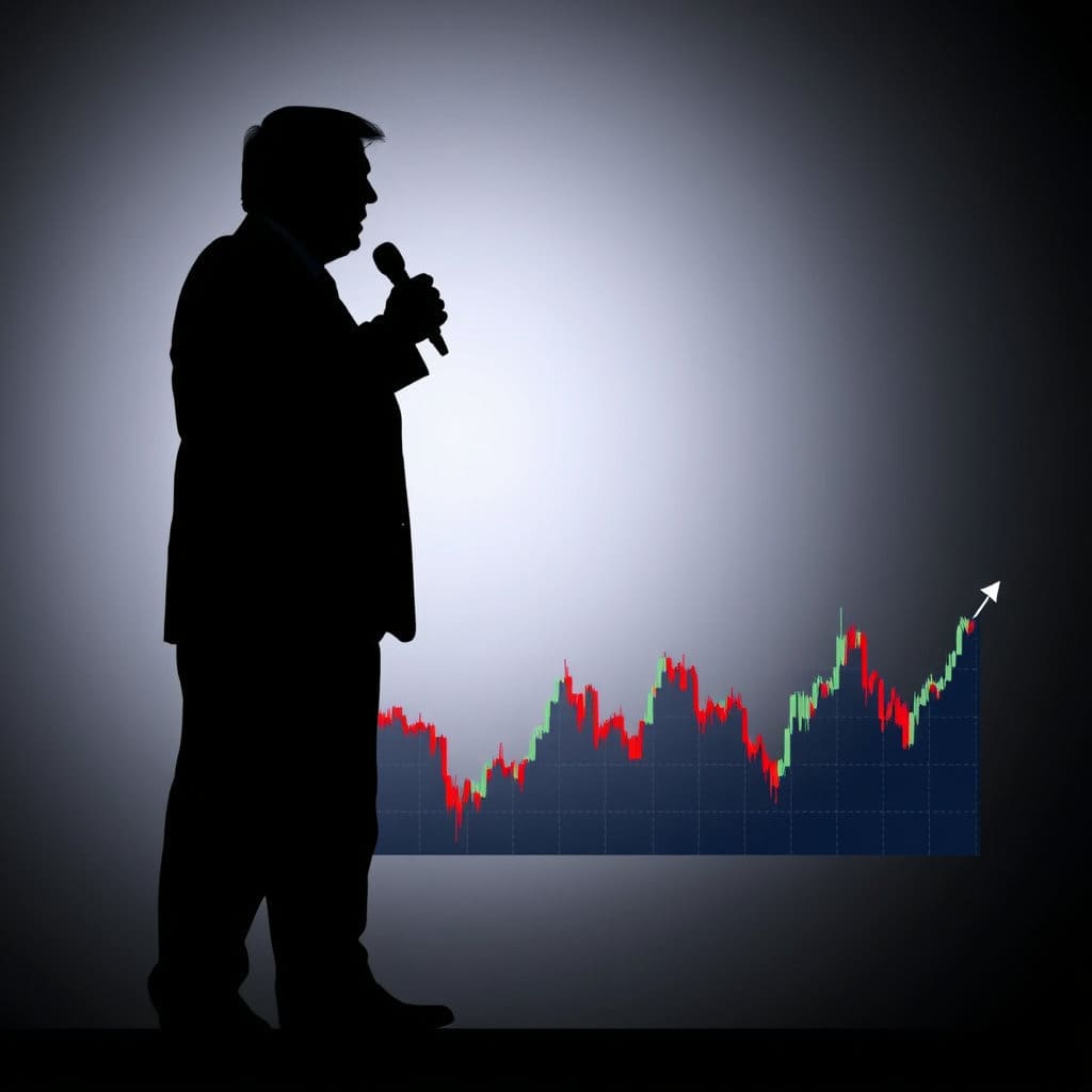 무대 위 정치인의 연설하는 모습의 실루엣 아래로 주가 그래프가 급등하거나 급락하는 곡선을 그리는 모습을 그립니다. 정치인의 그림자가 주가 그래프에 직접적인 영향을 미치는 듯한 연출을 통해 정치적 요인이 시장에 미치는 파급력을 상징적으로 보여줍니다.