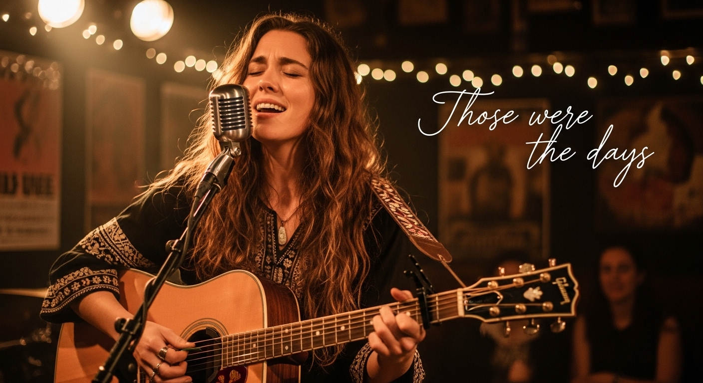 가수 Mary Hopkin가 기타를 연주하며 'Those were the days'을 부르는 모습