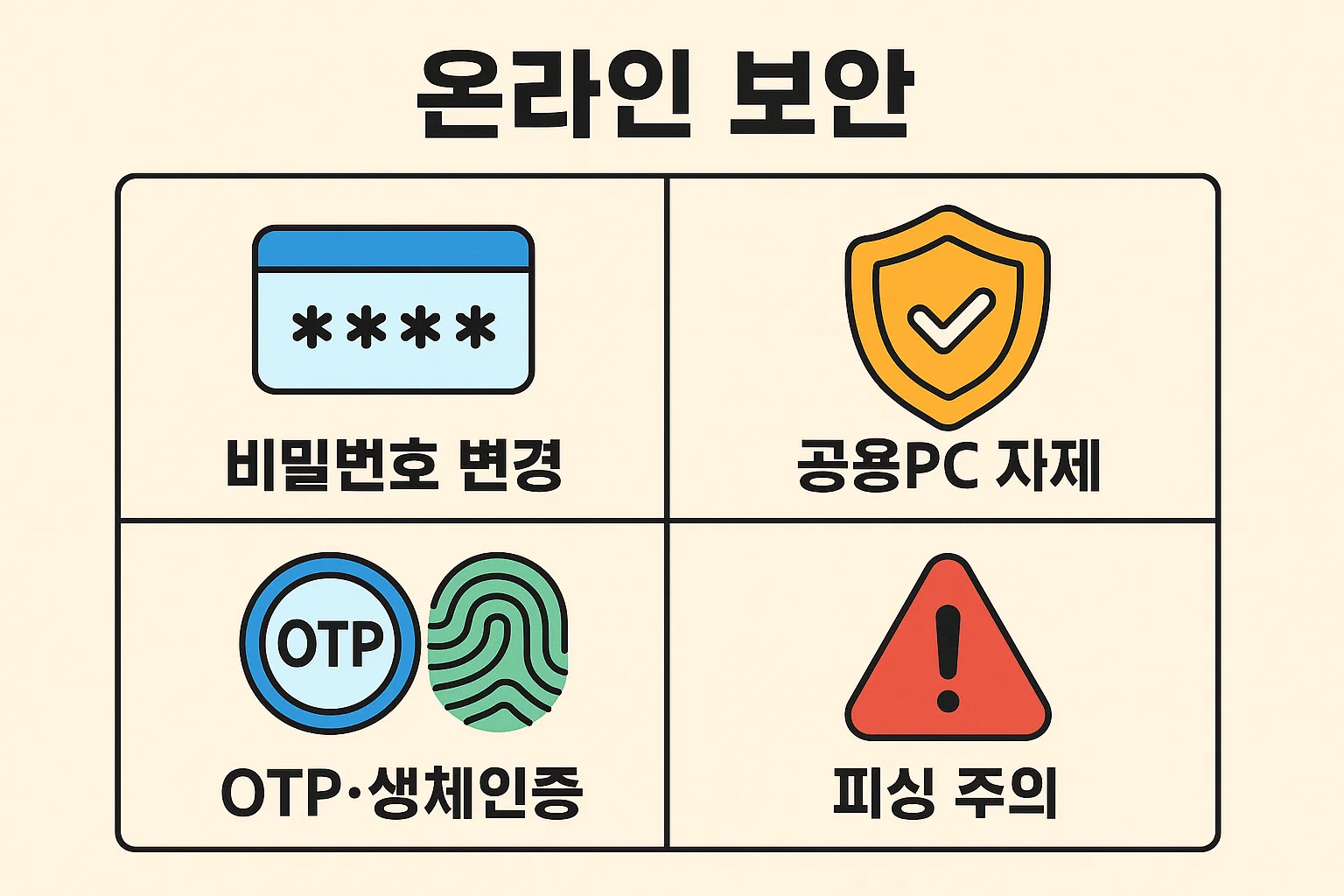 농협 인터넷뱅킹 안전 이용을 위한 보안 수칙 인포그래픽으로, 비밀번호 주기적 변경, 공용PC 사용 자제, OTP 및 생체인증 활용, 피싱 사기 예방을 위한 주의사항을 정리한 자료입니다.