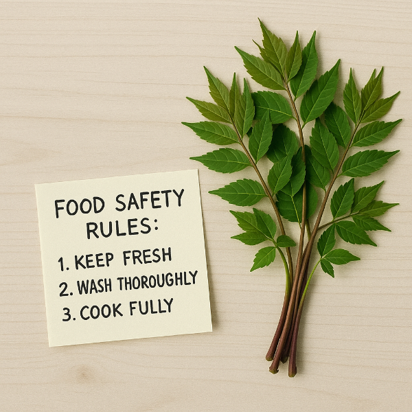 식품 주의사항 메모와 함께 놓인 신선한 나물들