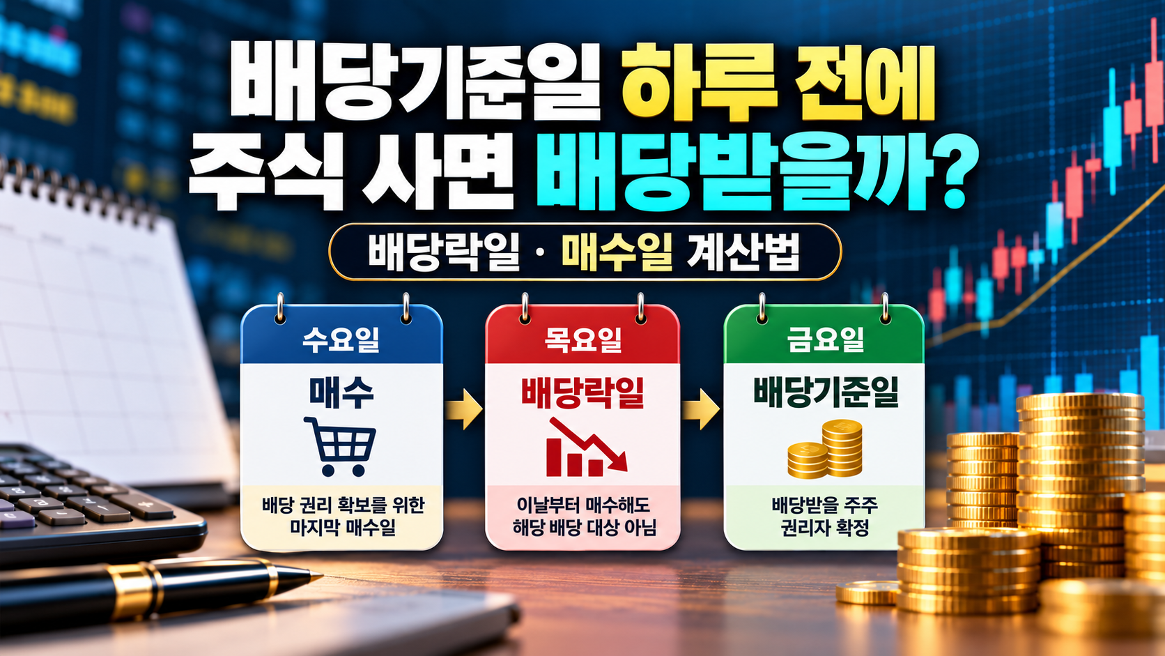 국내 주식 배당기준일과 배당락일 계산, 수요일 마지막 매수일&middot;목요일 배당락일&middot;금요일 배당기준일 비교