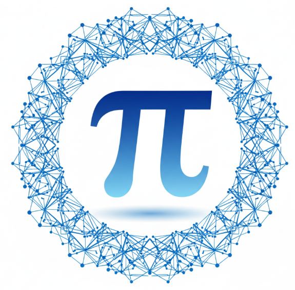 푸른색 그라데이션의 파이(&pi;) 기호와 주변을 감싸는 복잡한 파란색 디지털 네트워크 망 일러스트