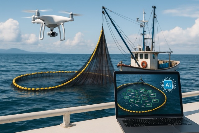 어업의 지속 가능성을 높이는 드론과 AI의 활용 방안을 묘사하는 이미지