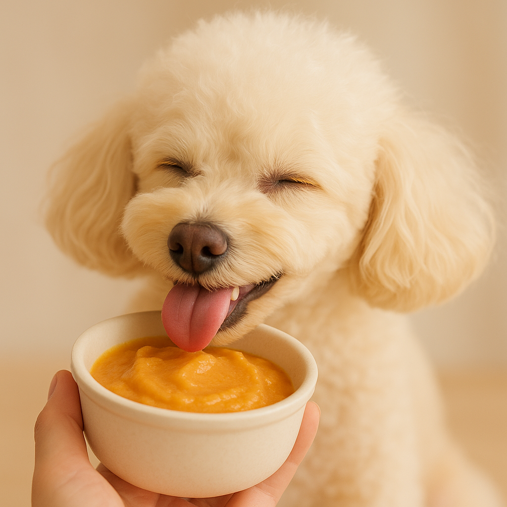 보호자의 손 위 작은 세라믹 그릇에 담긴 고구마 푸딩

강아지가 기쁜 표정으로 핥아먹는 모습 사진