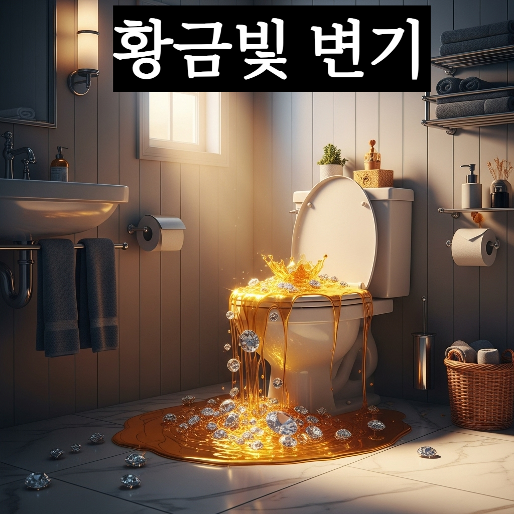 화장실 변기에서 눈부신 황금빛 에너지가 폭포수처럼 넘쳐흐르며 바닥을 가득 채우는 환상적이고 풍요로운 분위기의 일러스트