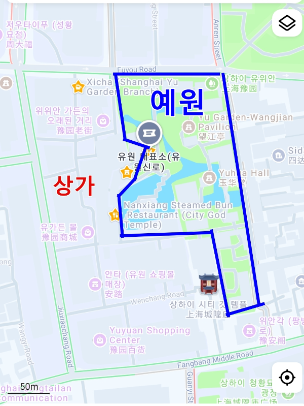 예원과 상가 위치 예원은 푸른색과 초록색인 반면 상가는 회색