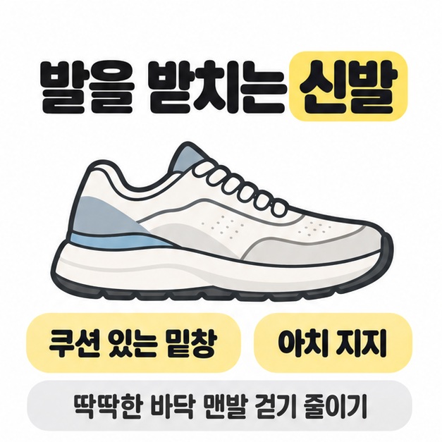 운동화 옆모습과 쿠션 있는 밑창 및 아치 지지 문구를 보여 주고 딱딱한 바닥에서 맨발 걷기를 줄이도록 안내한 카드