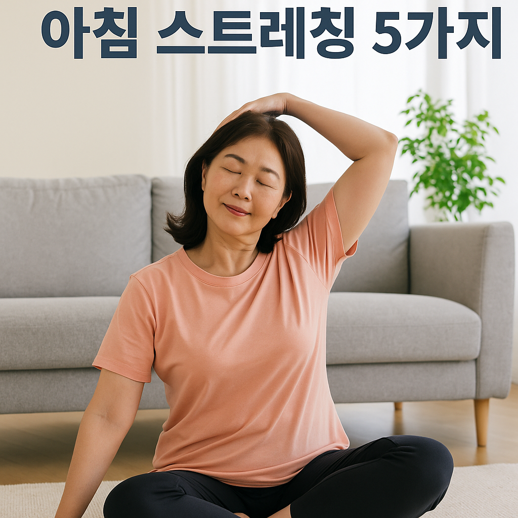 아침 햇살을 받으며 거실에서 목 스트레칭을 하는 여성