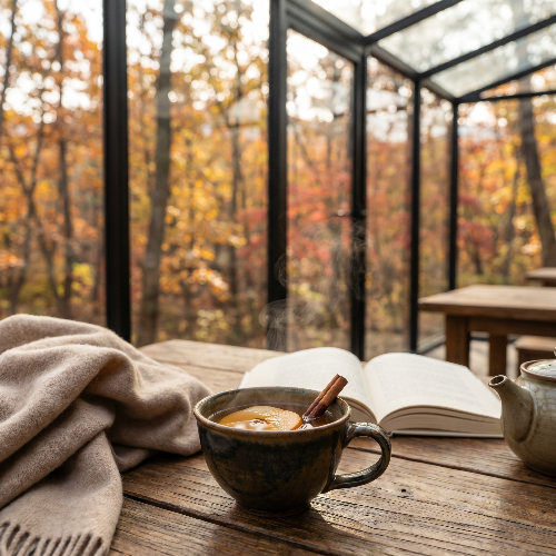 사유원의 전면 유리창 카페 내부에서 목재 테이블 위에 놓인 따뜻한 모과차 한 잔. 창밖으로는 붉고 노랗게 물든 사유원의 가을 숲이 아스라이 보이며, 차에서 피어오르는 김이 정갈하고 고요한 분위기를 연출하는 라이프스타일 8k 사진.