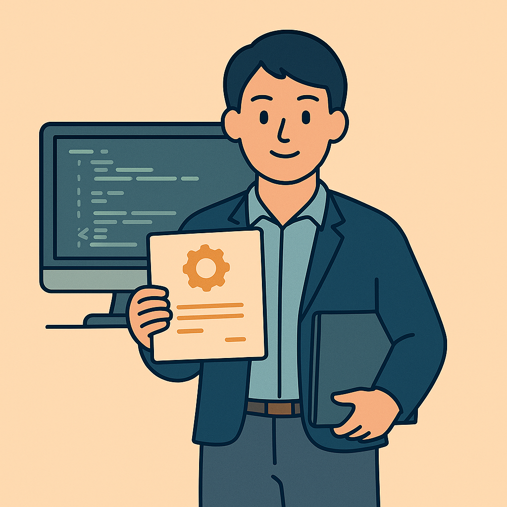 비즈니스 캐주얼 차림의 젊은 엔지니어가 컴퓨터 모니터 앞에 서서 한 손에는 자격증을 들고 다른 손에는 노트북을 들고 있는 평면 벡터 스타일 일러스트
