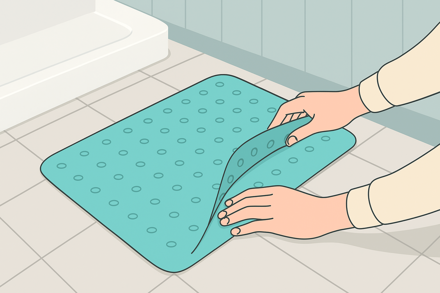 욕실 타일 위에 고무 미끄럼 방지 매트를 설치하는 모습