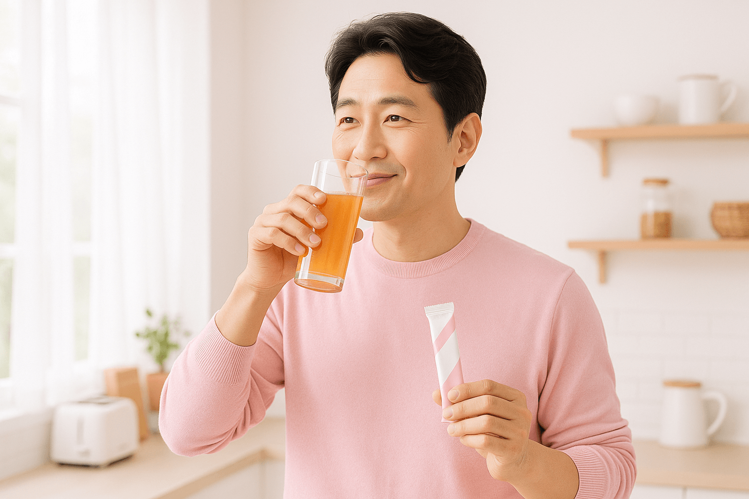 밝은 주방에서 분홍 니트 입은 중년 한국 남성이 스틱형 차전자피(식이섬유) 제품을 한 손에 들고, 다른 손으로 주황빛 음료를 유리컵으로 마시며 은은하게 미소 짓는 모습(자연스러운 시선·표정), 깨끗한 화이트 톤 배경과 부드러운 아침 햇살, 건강 루틴 느낌의 라이프스타일 사진