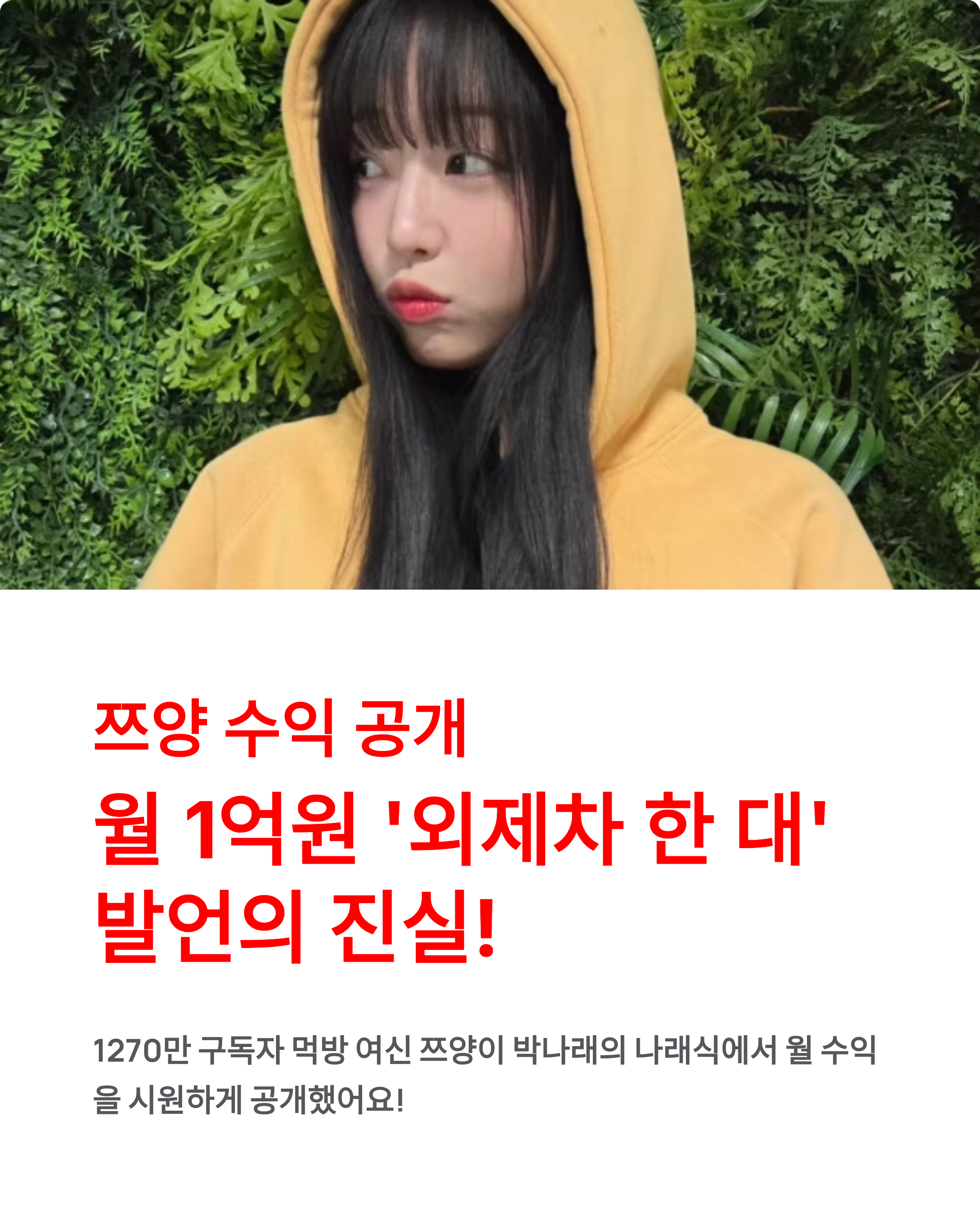 쯔양 수익 공개, 월 1억원 '외제차 한 대' 발언의 진실!