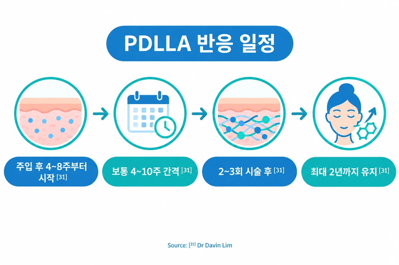 2026 피부 유형별 스킨부스터 효과 유지기간 비교 timeline shows 주입 후 4~8주부터 시작 and 최대 2년까지 유지.