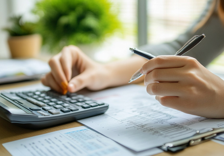 세금 환급 서류와 계산기를 확인하는 사람의 손