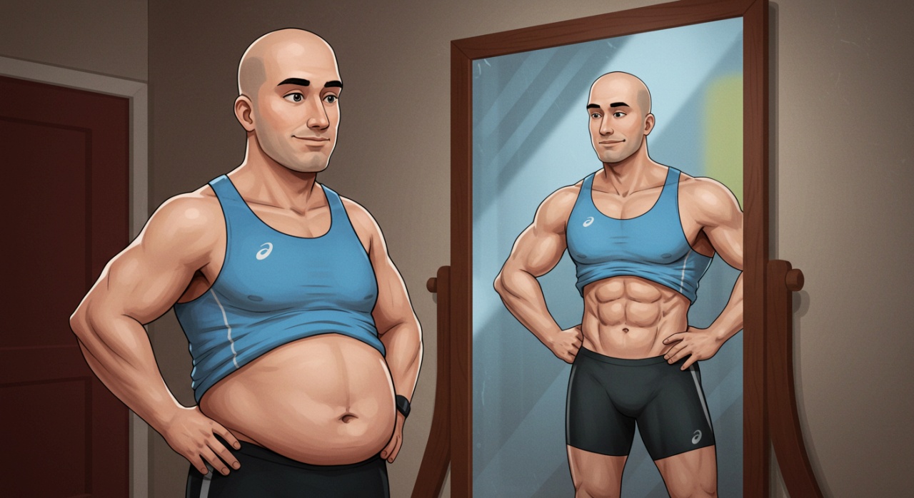 거울 앞에서 포즈를 취하는 배나온 남성, 거울 속에는 완벽한 몸매의 자신이 반사되는 유머러스한 일러스트