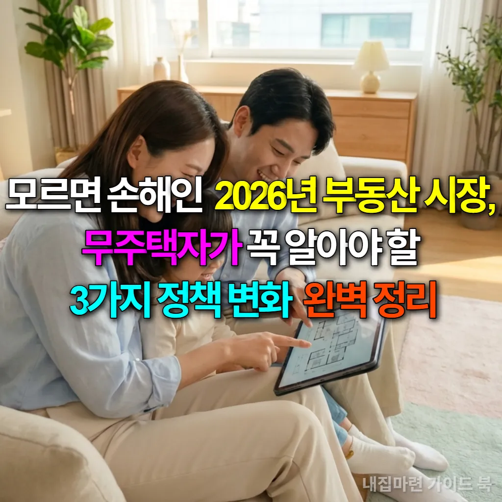 2026년 부동산 정책 변화를 확인하며 내 집 마련의 꿈을 키우는 젊은 한국인 부부의 모습