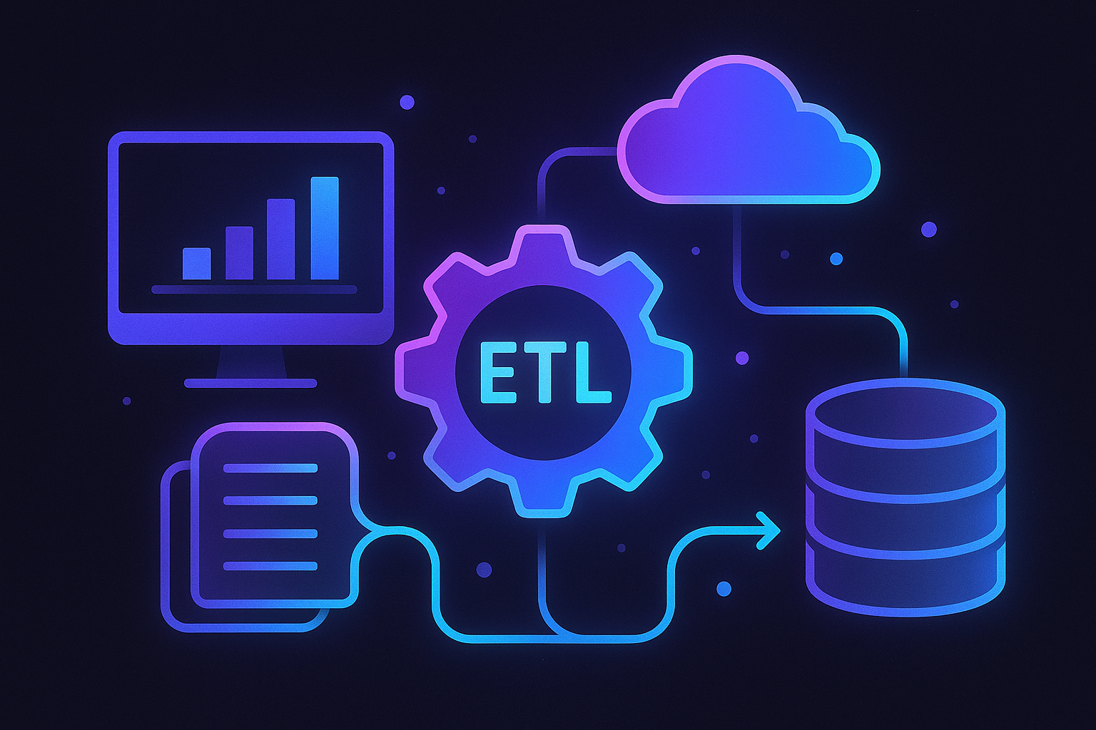 클라우드 기반 데이터 흐름과 ETL 도구의 진화를 상징하는 연결적 일러스트