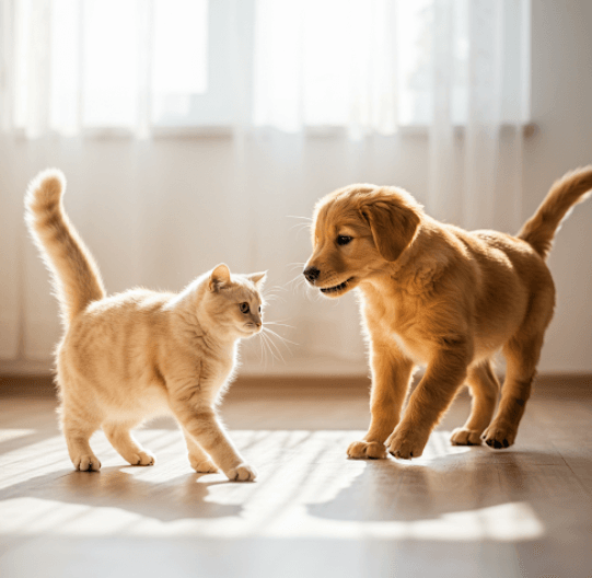 귀여운 아기 강아지와 고양이가 마주보고 있는 장면