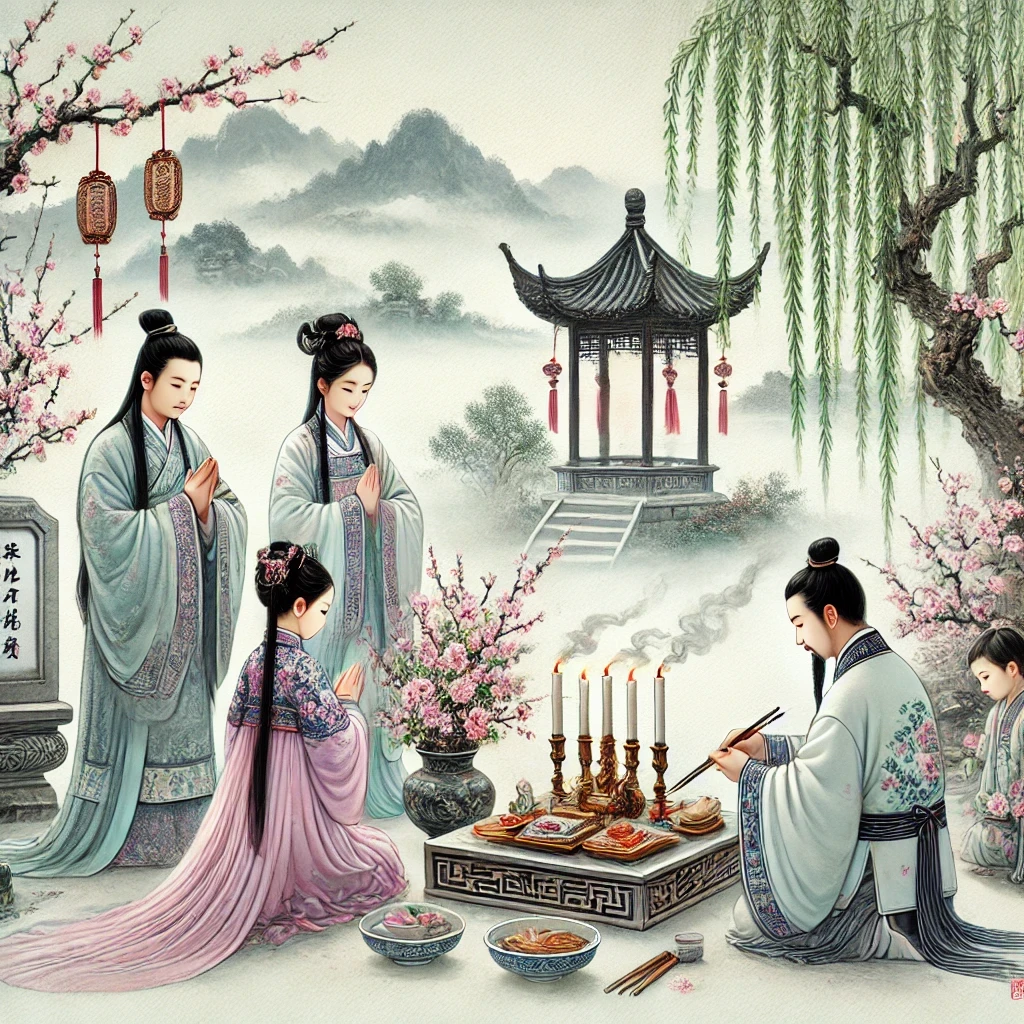 A traditional Chinese painting-style illustration of Qingming Festival, showing a family in Hanfu paying respects at an ancestral tomb surrounded by willow trees and spring scenery.