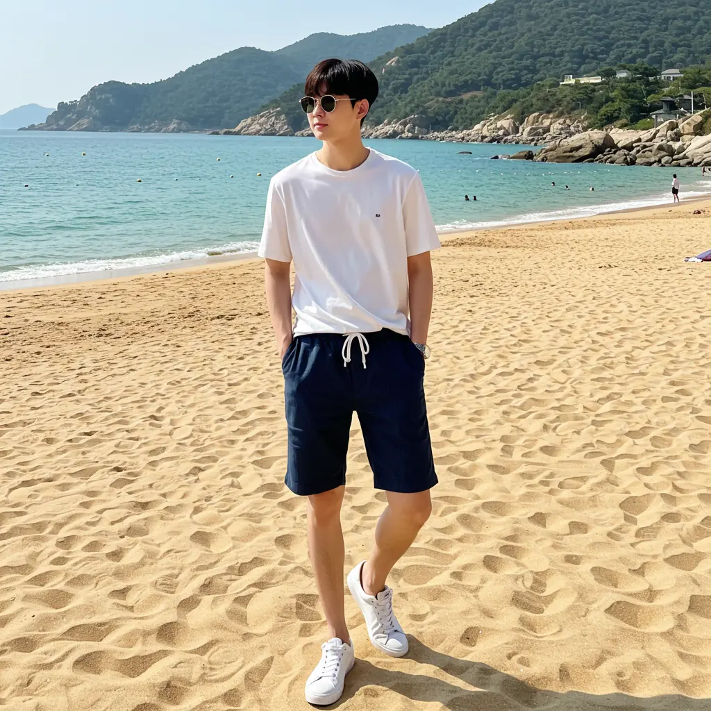 바닷가를 걷는 20대 남성 이미지