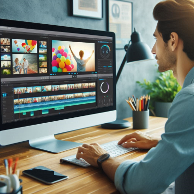 남성이 편집 소프트웨어로 영상을 편집하는 모습.