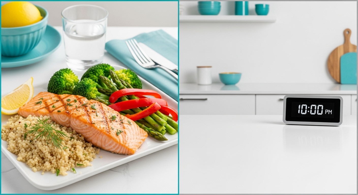 맛있는 연어 샐러드 식사와 비어있는 식탁이 대조를 이루며 간헐적 단식의 식사 시간과 공복 시간을 보여주는 이미지.