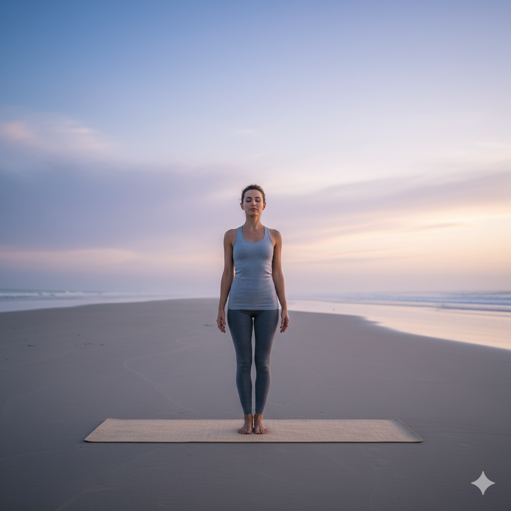 발자국 없는 깨끗한 해변에서 여성이 고요히 명상하며 '출발선'을 상징하는 모습