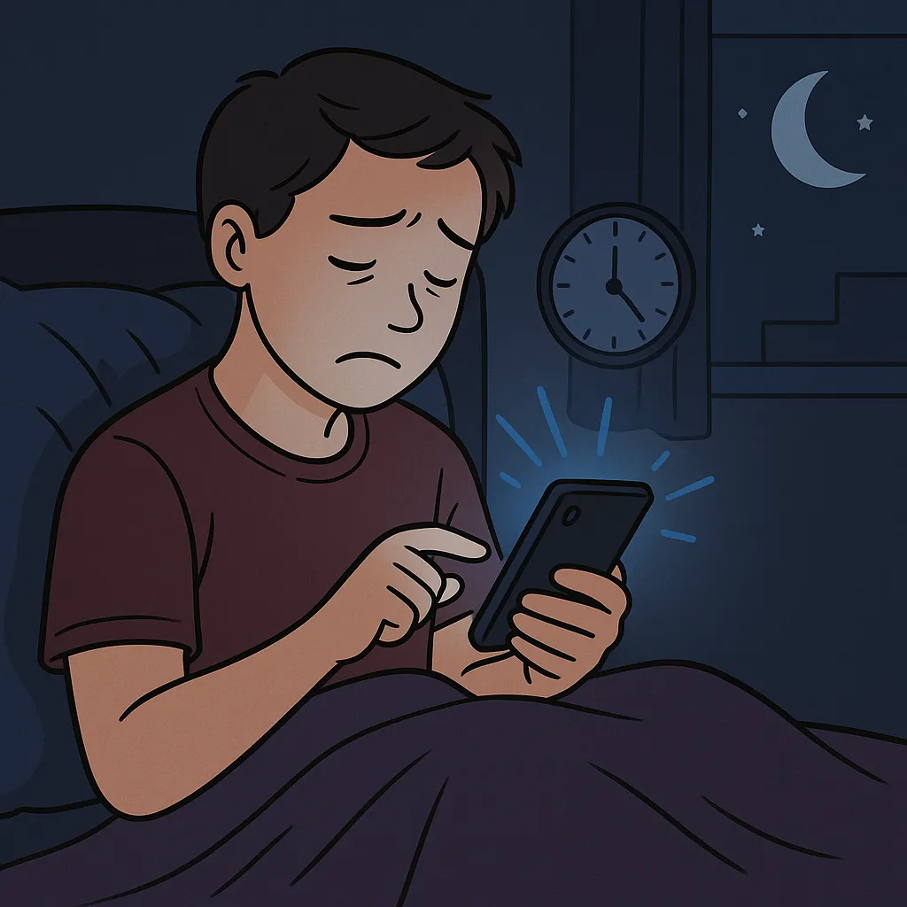 취침-직전에-스마트폰을-사용하면서-수면-질이-저하되는-모습을-시각적으로-표현한-이미지