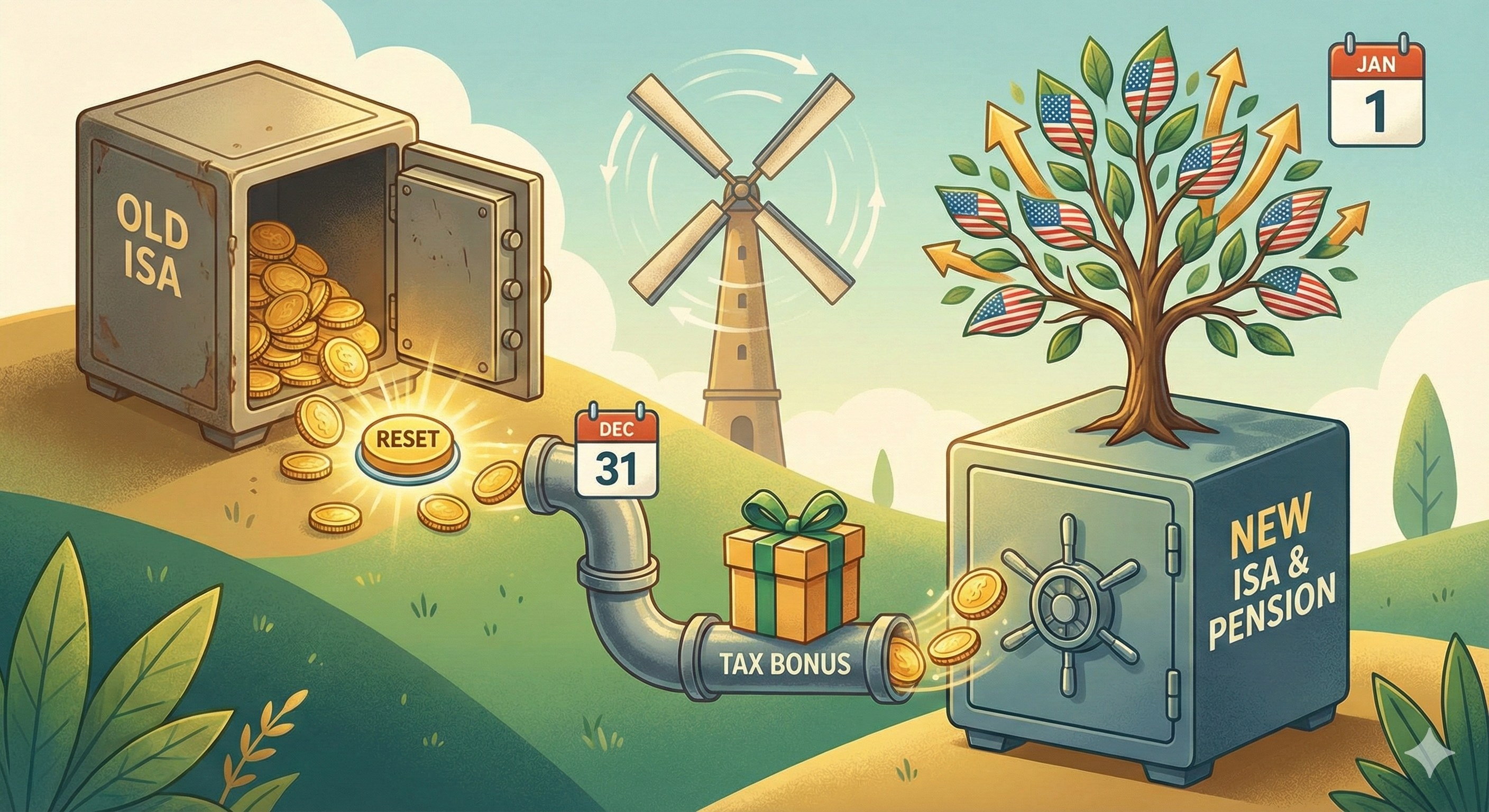 오래된 ISA 계좌를 해지하고 리셋 버튼을 눌러 연금 계좌로 이체하는 일러스트. 12월 말 세액공제 혜택 선물 상자를 챙기고 1월 1일 신규 ISA 계좌로 재가입하여 미국 주식 투자가 성장하는 풍차돌리기 절세 전략 구조도