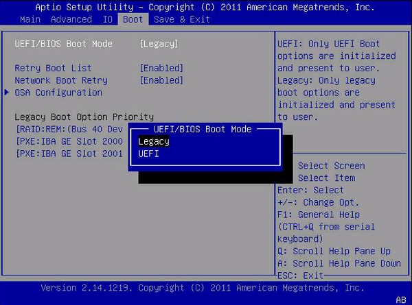 Cmos UEFI / Bios Boot Mode - 레거시 변경