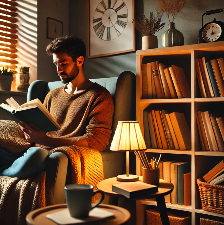따뜻한 조명 아래 안락의자에 앉아 책을 읽는 남성의 모습 – 성공한 사람들의 독서 루틴과 집중된 독서 환경을 표현한 이미지