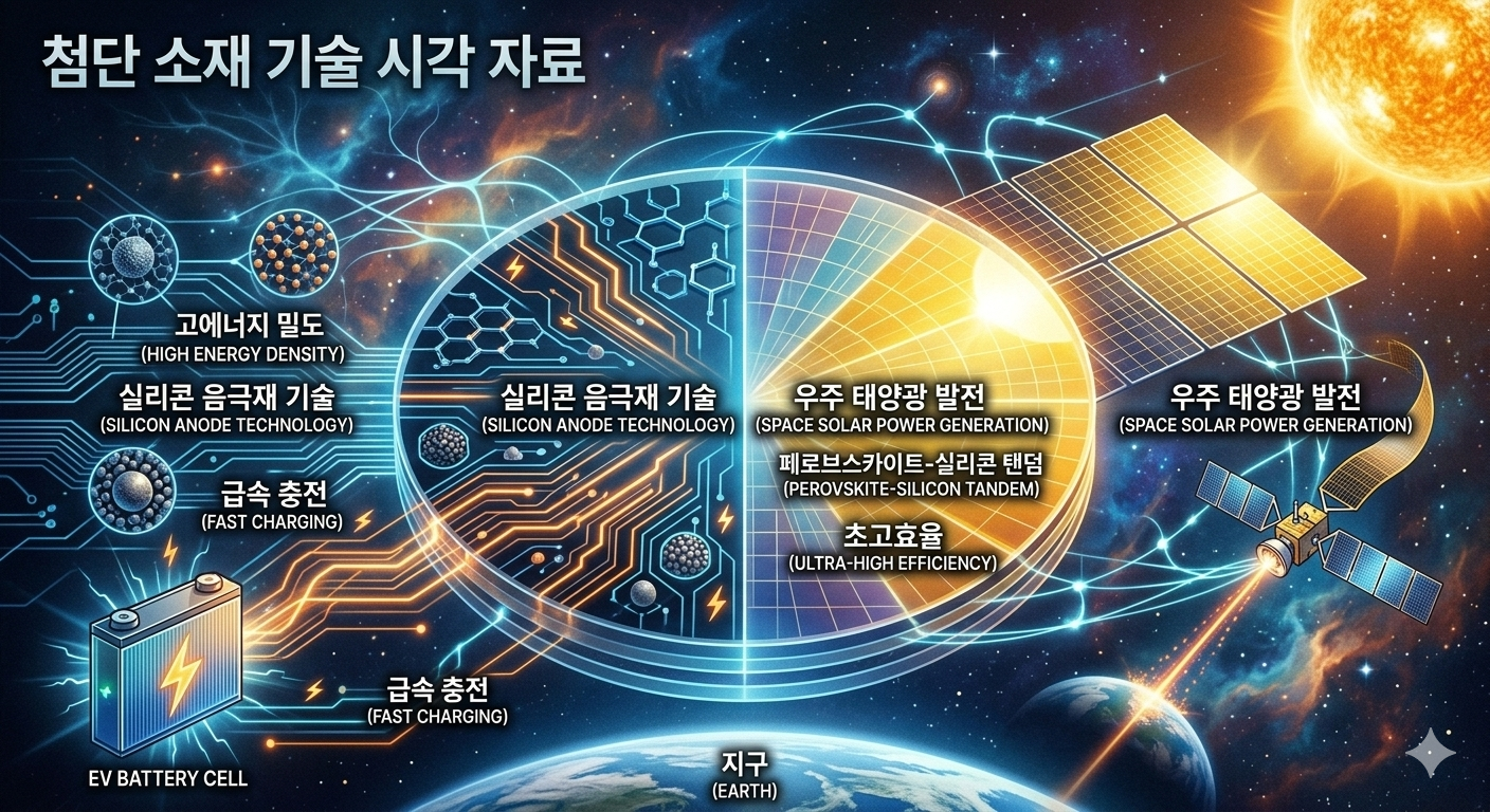대주전자재료의 실리콘 음극재 기술과 우주 태양광 발전 이미지가 겹쳐진 첨단 소재 기술 시각 자료
