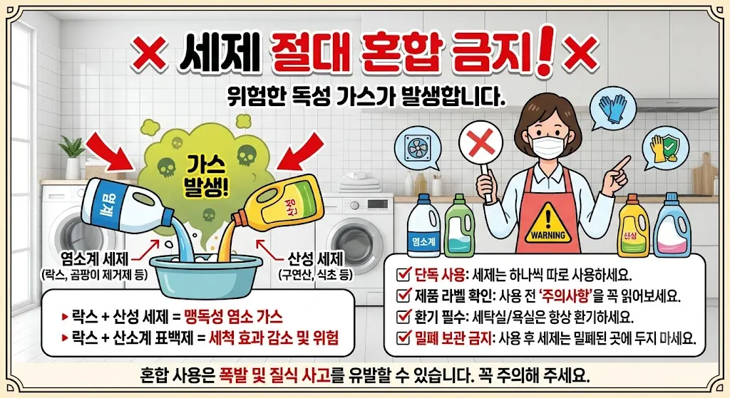 락스와 구연산, 과탄산소다, 식초 등 세제 혼합 금지 조합을 안내하는 인포그래픽