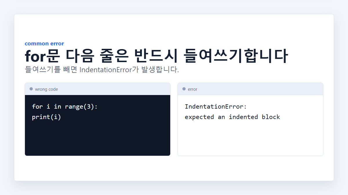 Python for문 들여쓰기 오류 예시