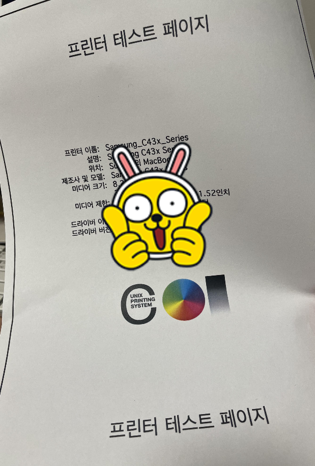 정상 인쇄된 프린터 테스트 페이지